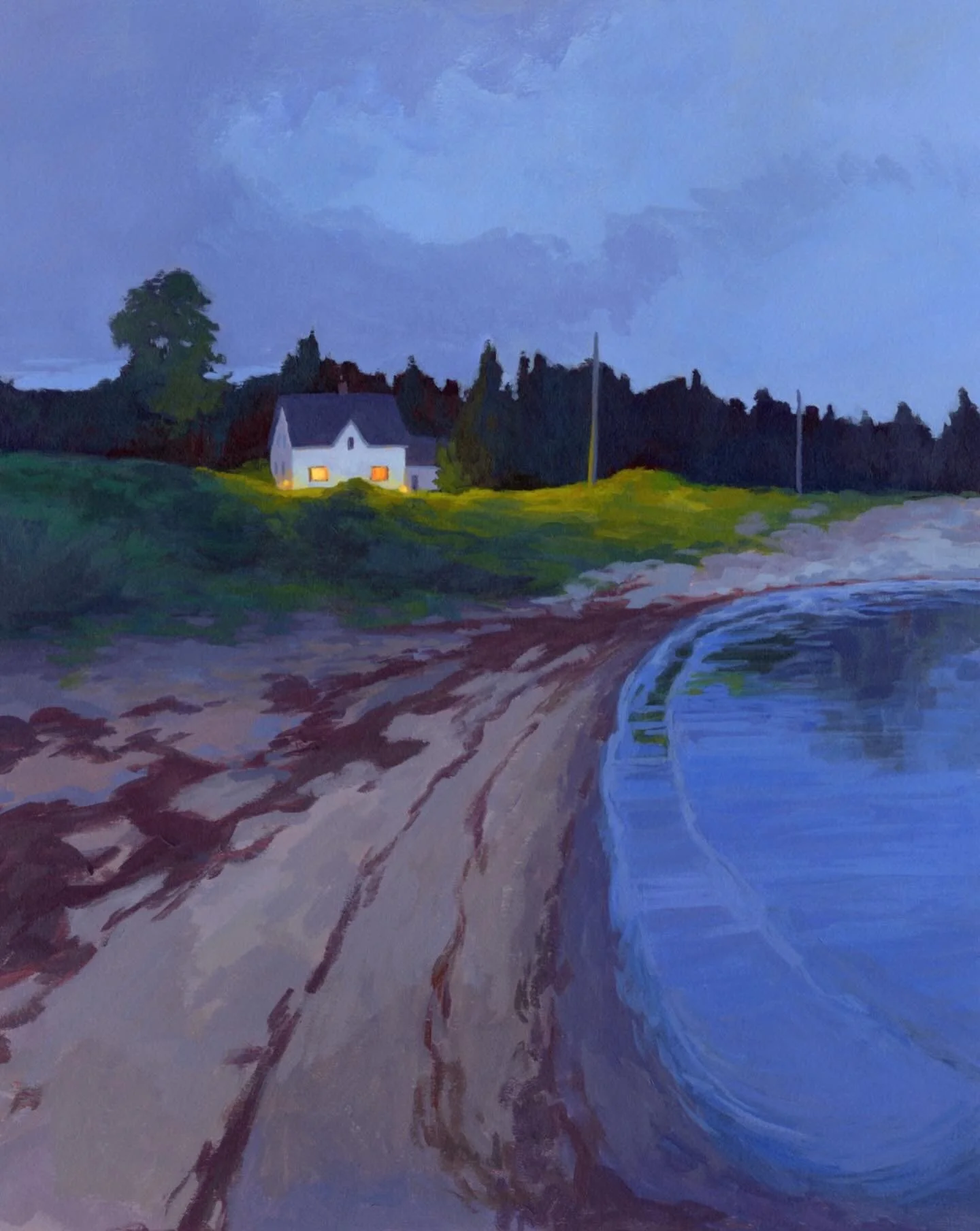 I have lost track of how many times I&rsquo;ve painted this charming little gothic house. It sits next to the beach here in Broad Cove. Dark bands of seaweed lay along the damp sand, and house lights illumated the scrubby grasses and brush willing to
