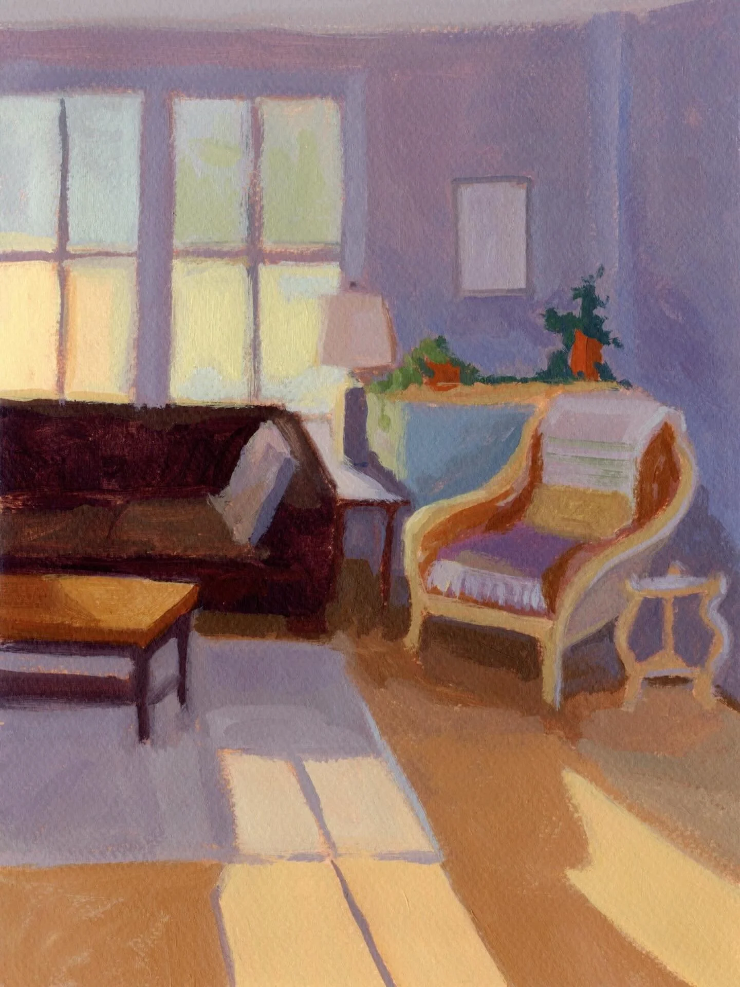 I love the almost surreal stage lighting effect of these late afternoon sunbeams shining into the living room. The colours are strange and wonderful, almost like a movie set ☀️

Indoor Sunbeams IV &ndash; acrylic on watercolour paper.
Available in th