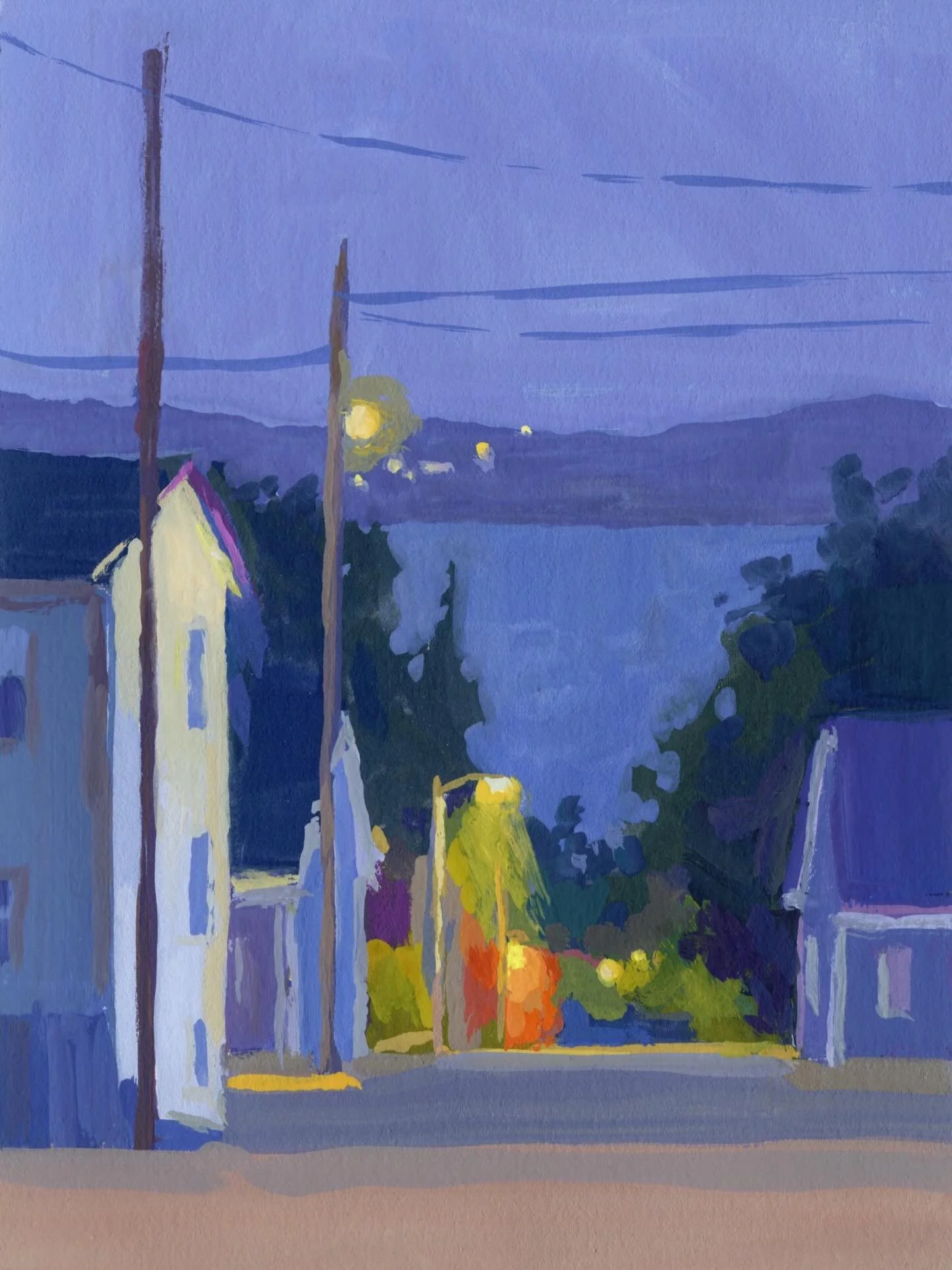 This small painting study captures nightfall on a mild summer evening, in the town of Lunenburg. Streets slope steeply down to the water and, on a clear evening, lights twinkle across the harbour. At this moment, they were just about to disappear int