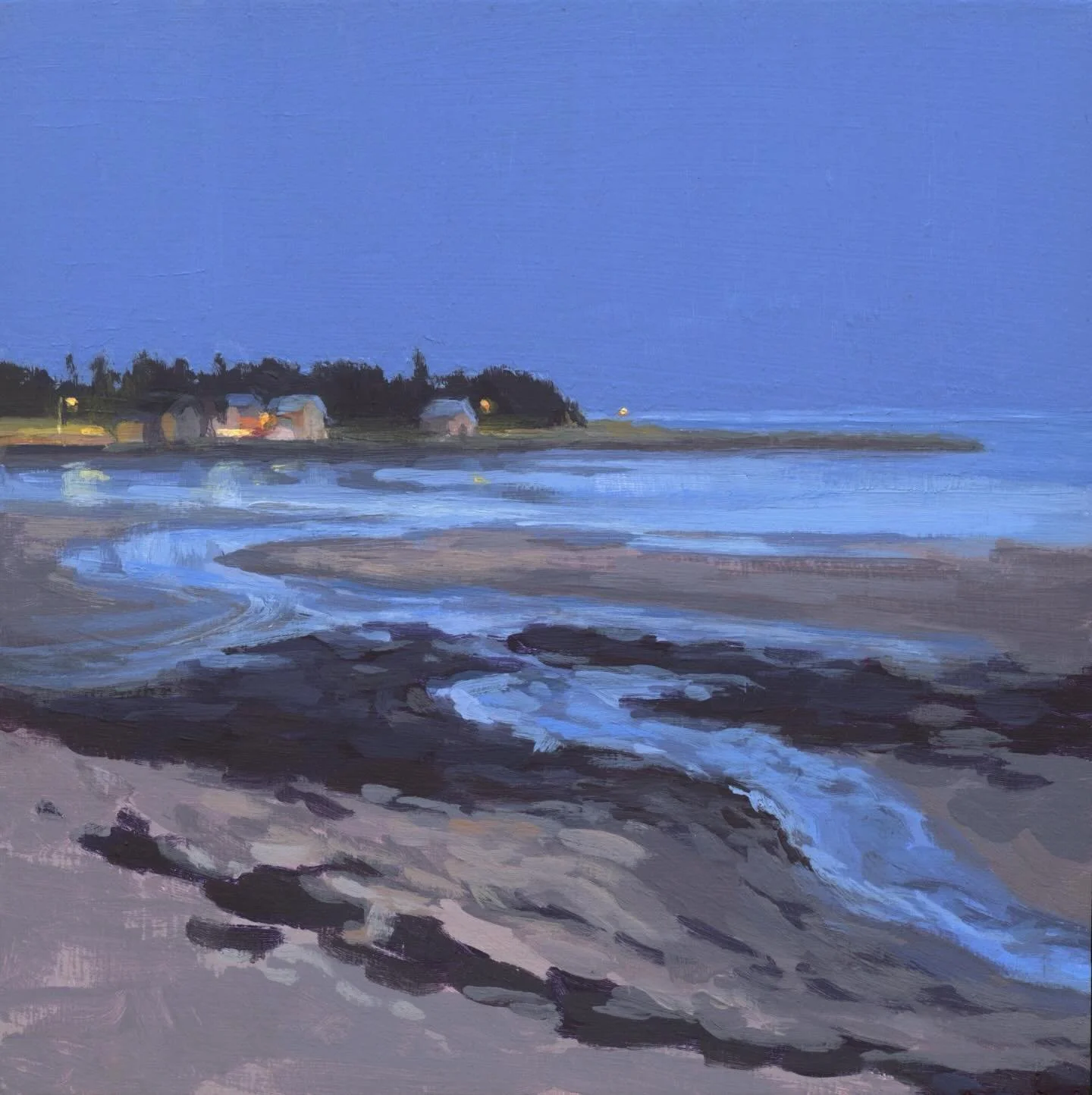 This mini painting shows the tide going out at Broad Cove beach on the South Shore of Nova Scotia. Night was falling over the Cove and old fish shacks, now turned into summer cottages, were just turning on their lights for the evening. 🌙

Retreating