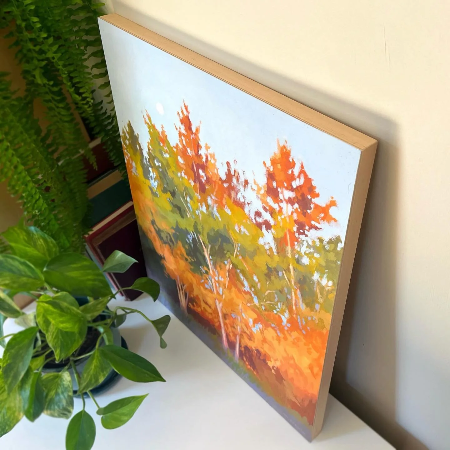 These birch trees ran along our farm field in the Annapolis Valley. Here, they are in their fall splendour catching the morning sunlight, white bark aglow. Magnificent. 🍂

This painting is available to collect. Visit the online shop to see more pict