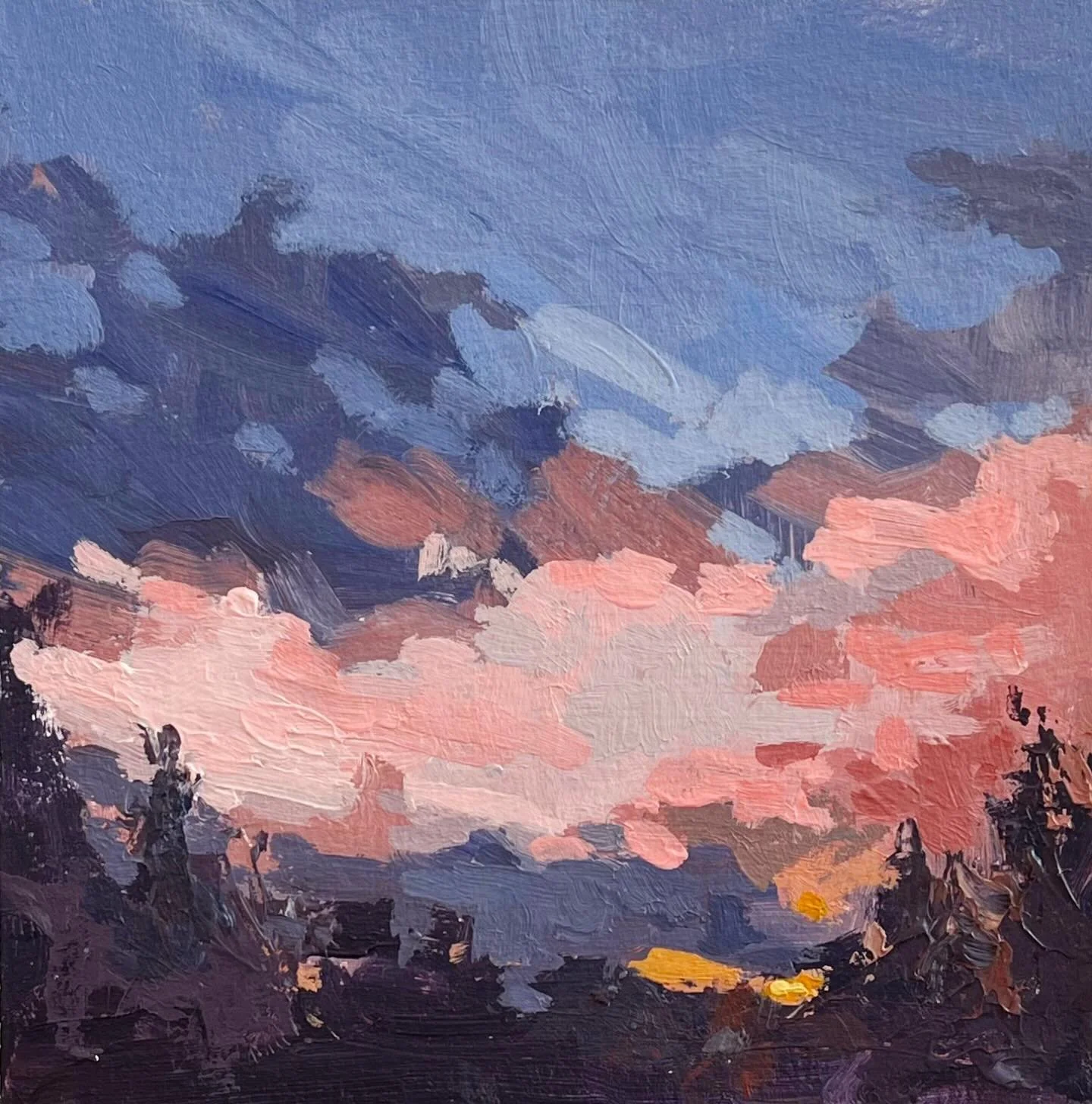 Here are three more little sky/sunset paintings that I made. I was playing with a thicker application of paint than I normally use. These are small acrylic paintings on canvas paper as part of a @winslowartcenter Technique Takeaway demo by @bernardde