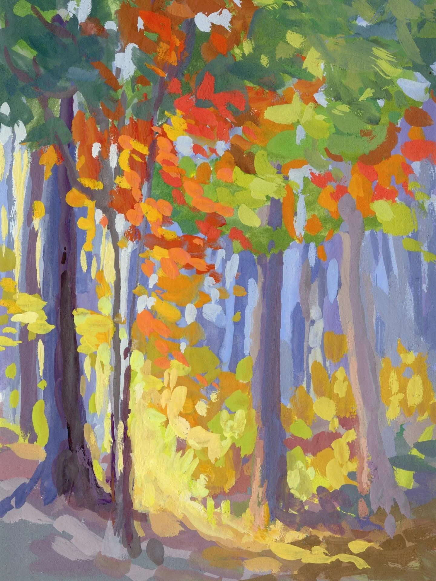 I love painting small gouache studies that capture little moments the caught my eye. This woodland is visible from our kitchen window. Here it is backlit and brilliantly aglow by morning sunlight. Trees were just begining to put on their fall splendo