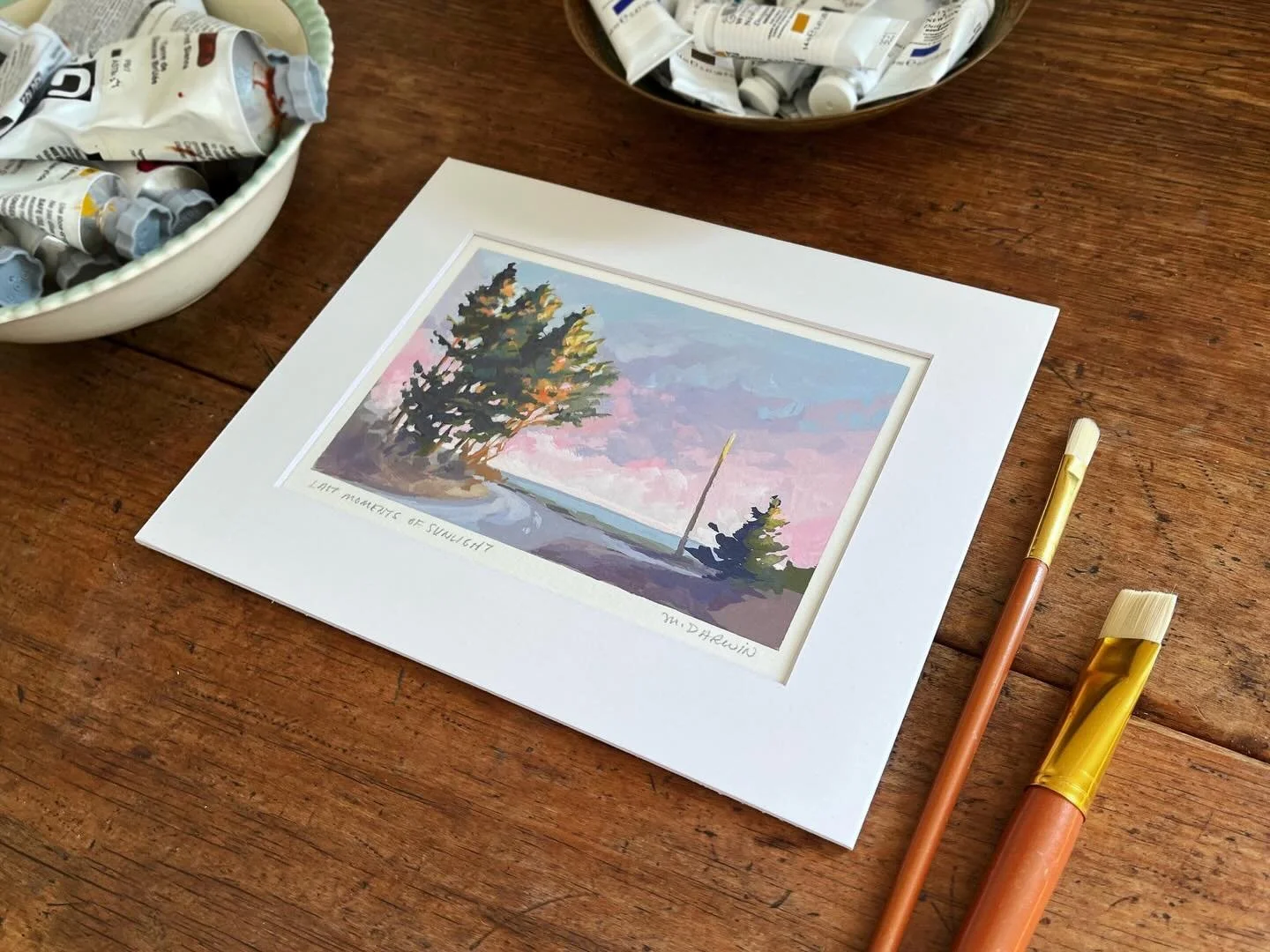 This painting is the study I made before creating a larger panorama of the same scene (the panorama has sold, but the study is available!). This row of tall evergreens stands next to the Atlantic ocean. Here, they are illuminated with splashes of bri