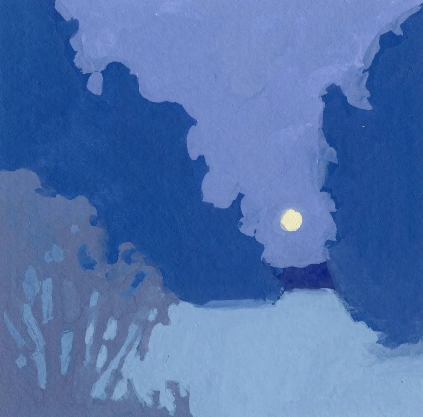 This is from a series of tiny gouache studies, where I painted a few of my favourite nocturnal landscape photos with as few colours and large shapes as I could. 🌙💙 I love how simple and harmonious these are. Perhaps little idea nuggets for larger m