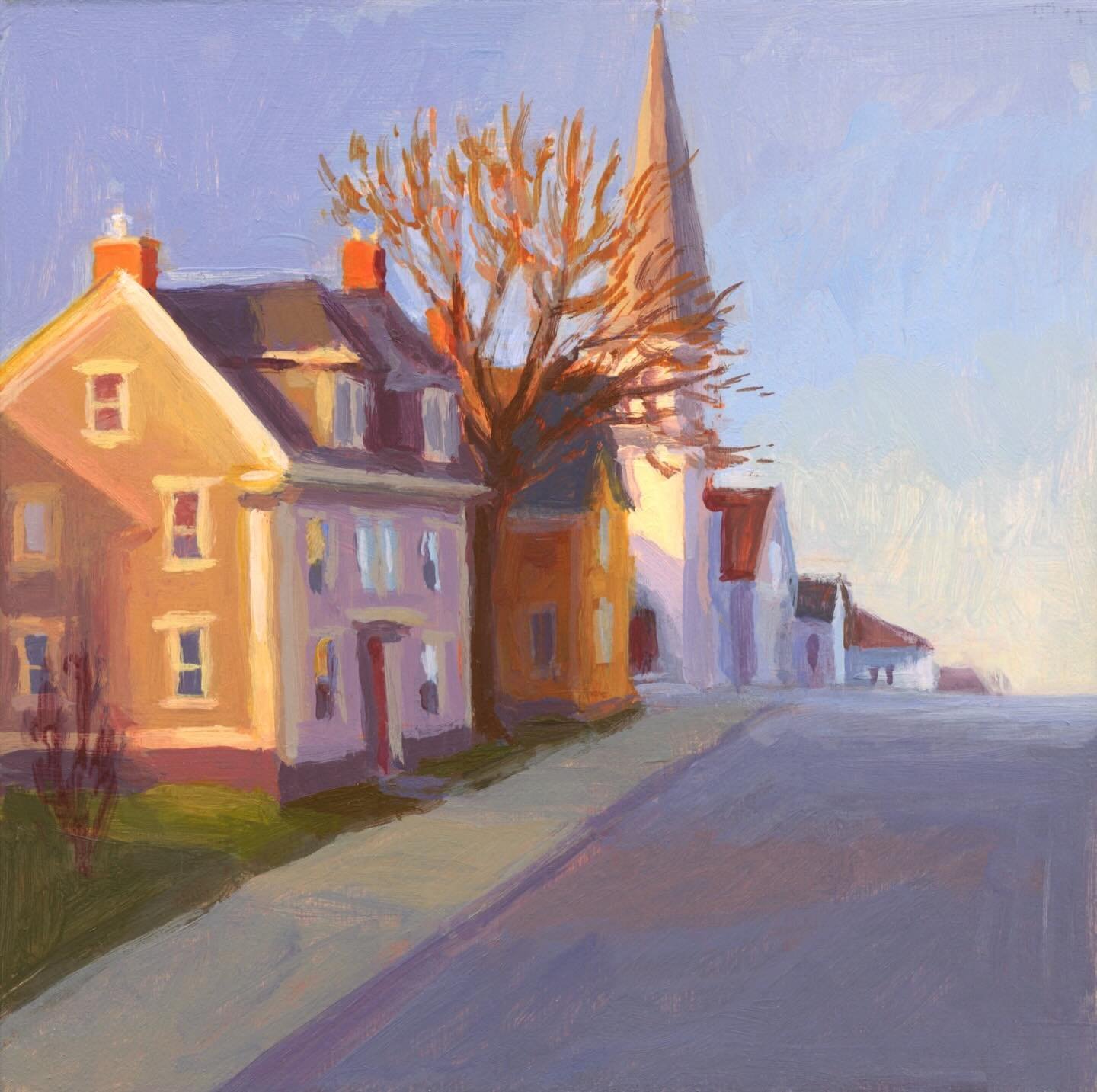 A row of Lunenburg houses in late afternoon sunlight. This mini painting comes in a beautiful wood floater frame &ndash; swipe to see @dearoneshopca&rsquo;s lovely display of my originals and prints! 😍🥰

Light Fading Over the Hill
6x6&rdquo; acryli