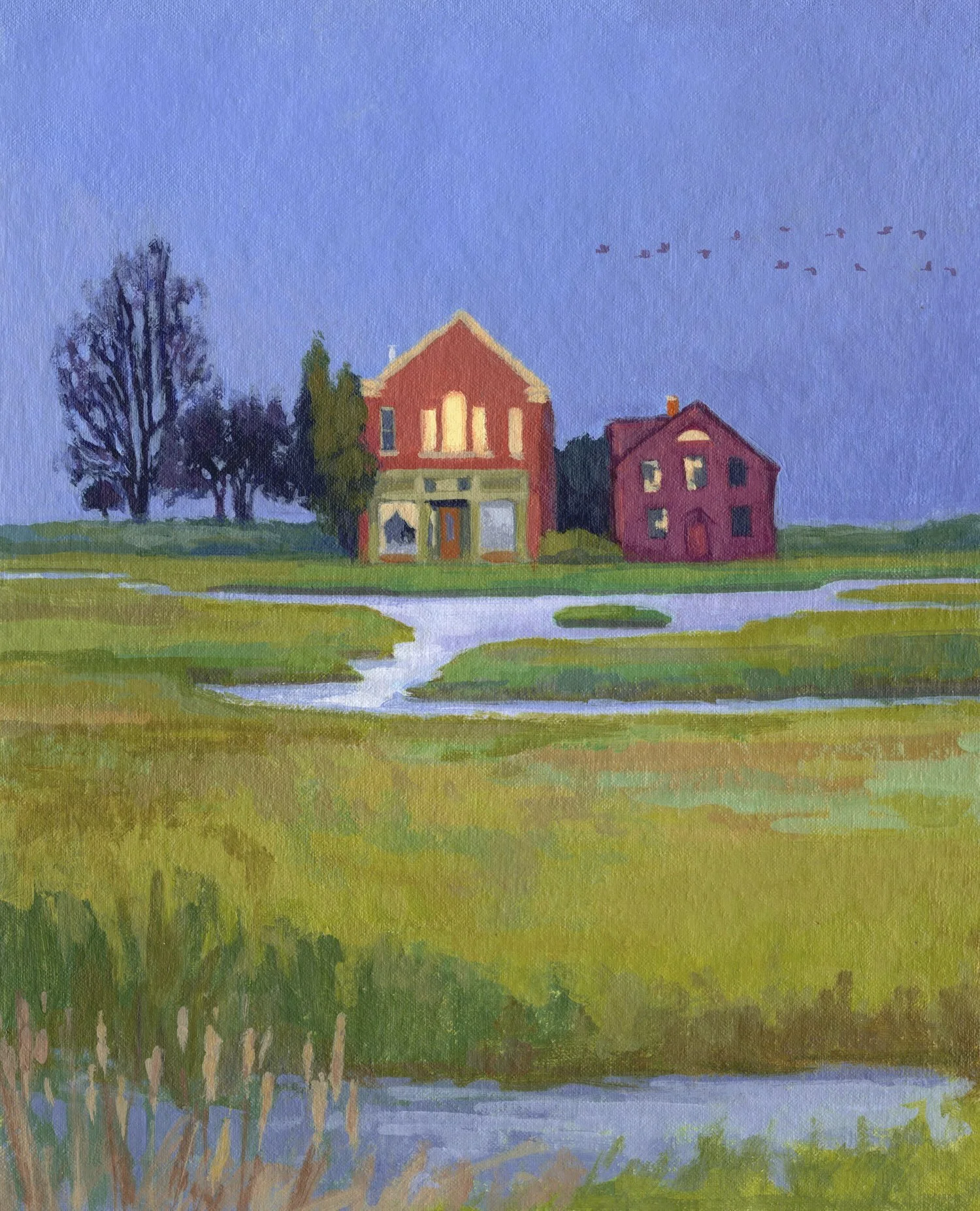 These two buildings are actually in downtown Annapolis Royal. I&rsquo;ve added them to a marsh, along with trees and reeds seen elsewhere on my travels around Nova Scotia. This keyhole marsh and these shop buildings have now appeared in various forms