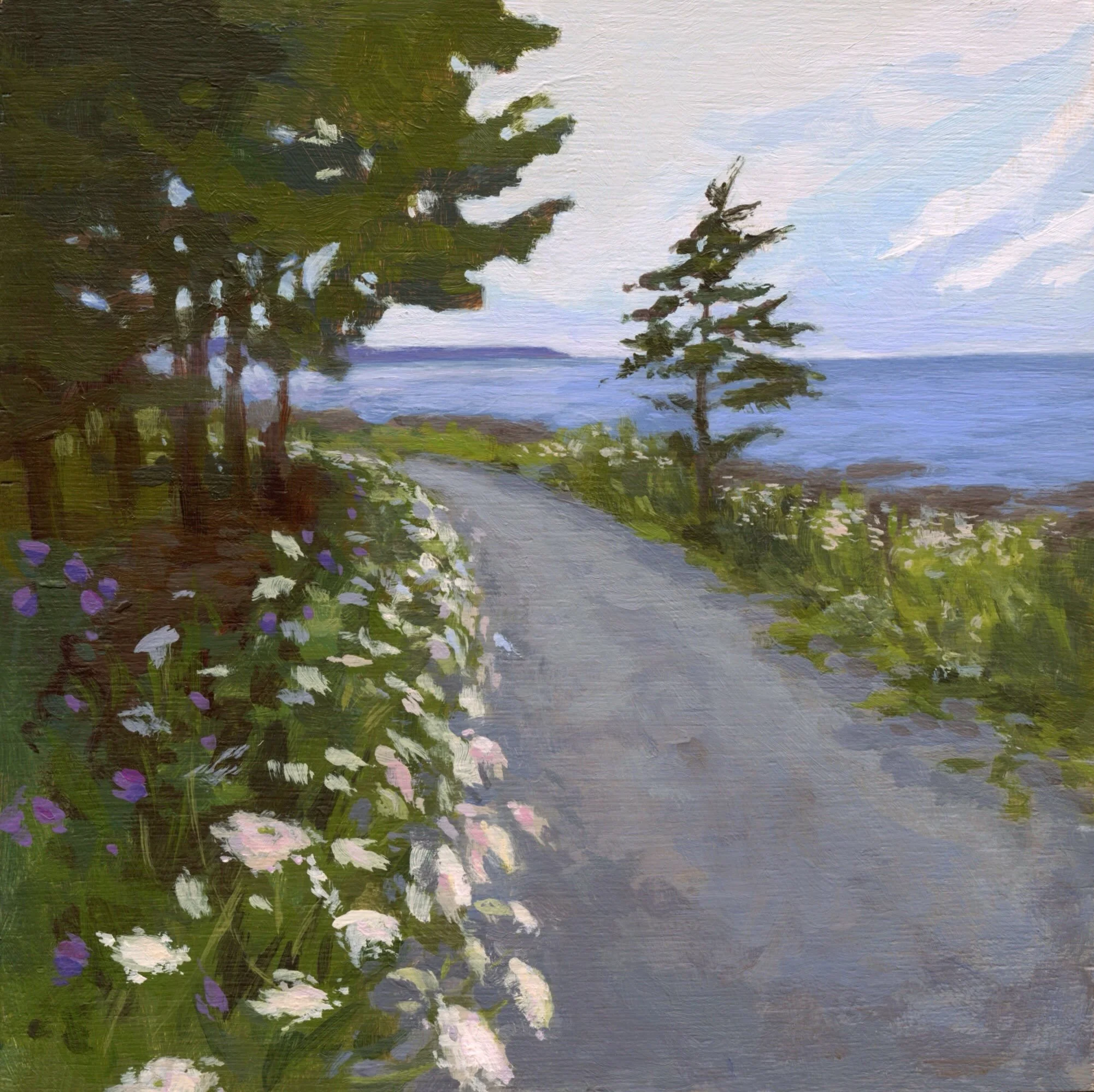 Queen Anne&rsquo;s Lace and purple Canada Thistle in full bloom along the gravel coastal road here in Broad Cove. This Mini painting is available at Dear One (@dearoneshopca). 💙

Coastal Wildflowers
6x6&rdquo; acrylic on cradled panel, framed
Availa