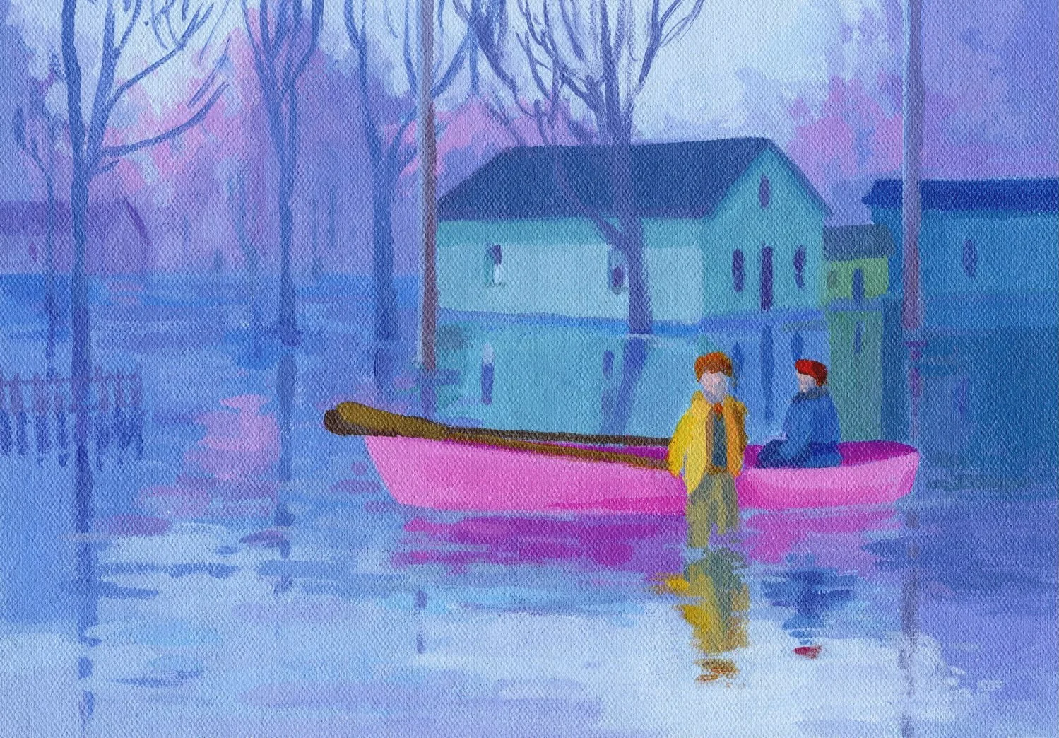 This scene was found in a B&amp;W flood photo from the early 1900s but I pushed the colours to what I&rsquo;m calling &lsquo;bubble gum&rsquo; playful. 🤗🎨

The second painting is based on another photo from the same time frame where someone had hun