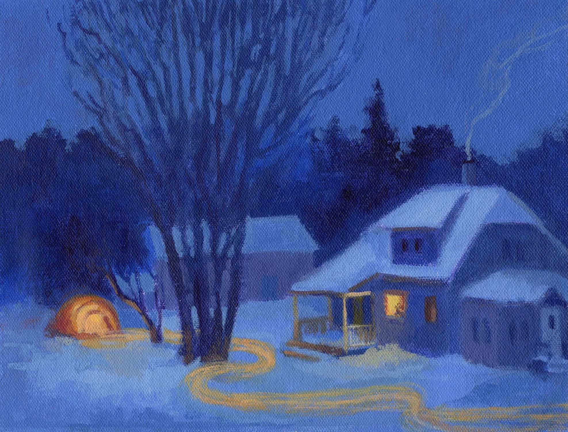 These paintings leave much that is unclear. A glowing tent in winter, with a light trail. Is it human or spirit created? Are those in the house aware of what&rsquo;s happening? 🌗

&ldquo;Night Happenings&rdquo; is a series of paintings where unusual