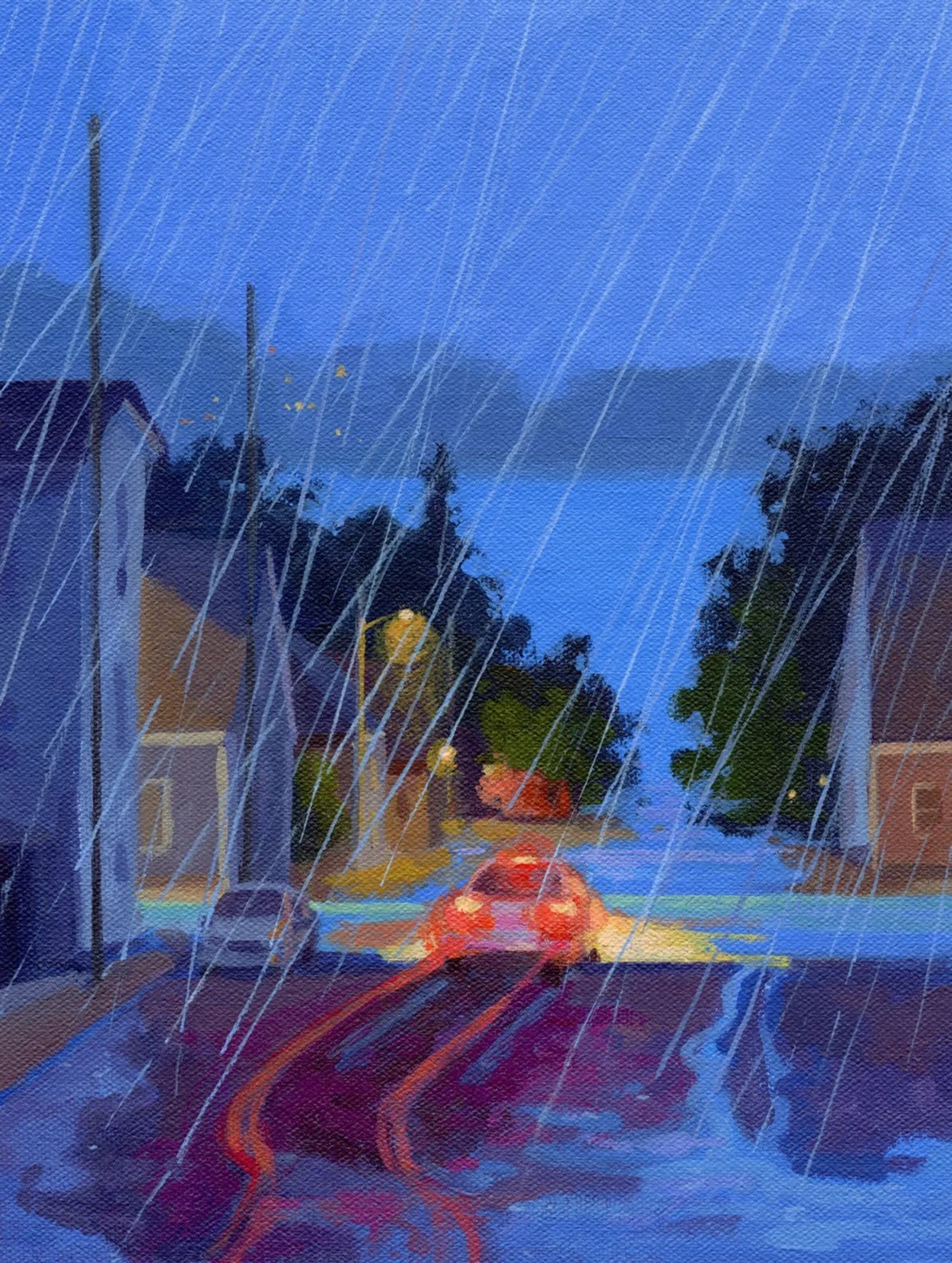 One of my favourite Lunenburg street views&hellip; only there is an epic downpour and the harbour water is creeping up the lower level streets in concerning quantities. This driver may be attempting to leave, or just noticing the situation. ☔️

Lunen