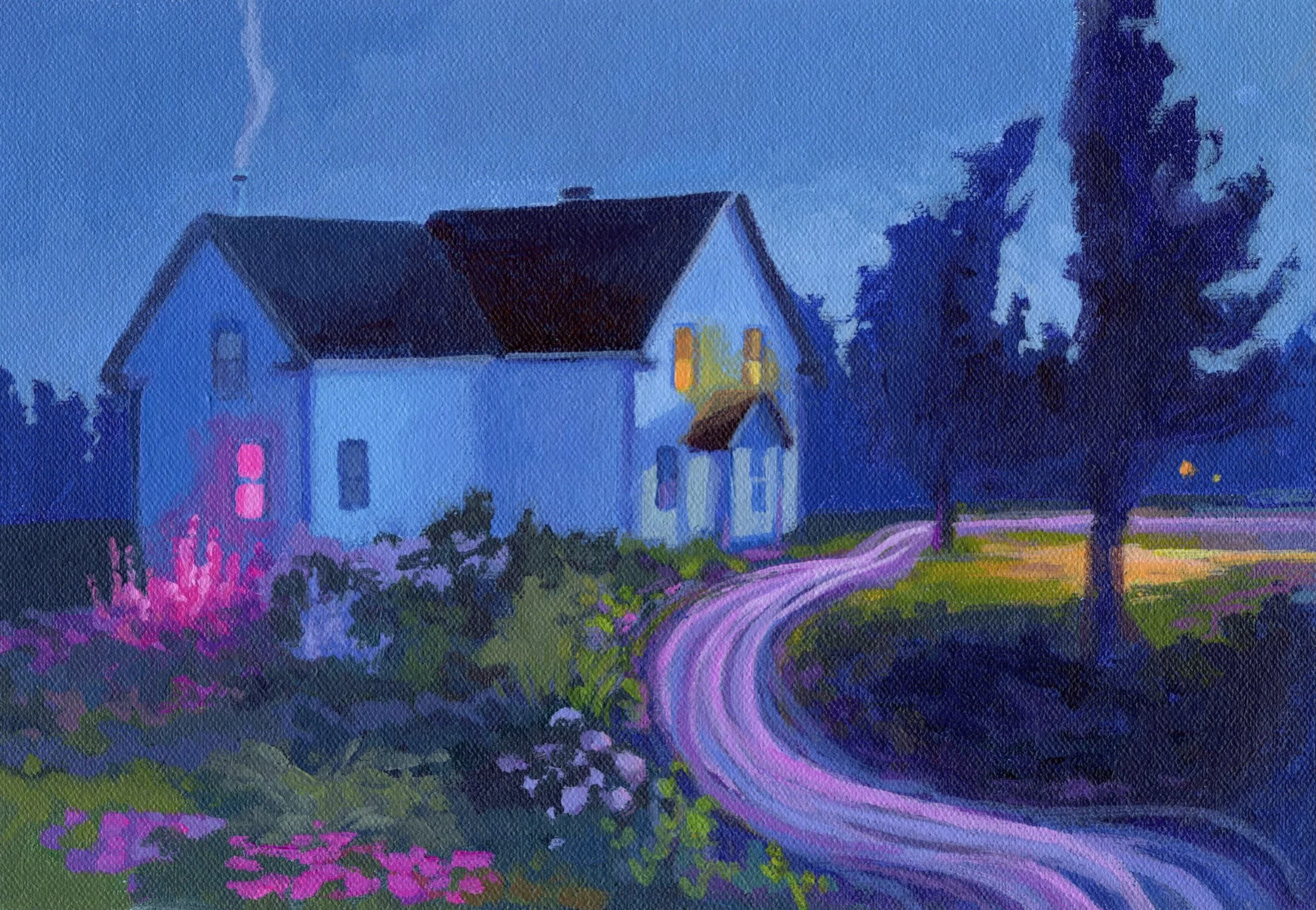 This house is down the street from where I live. It&rsquo;s beautifully maintained, but no one lives in it, so it sits empty and dark. In this painting, a large garden has appeared and a mysterious illuminated purple trail passes through the scene. ✨
