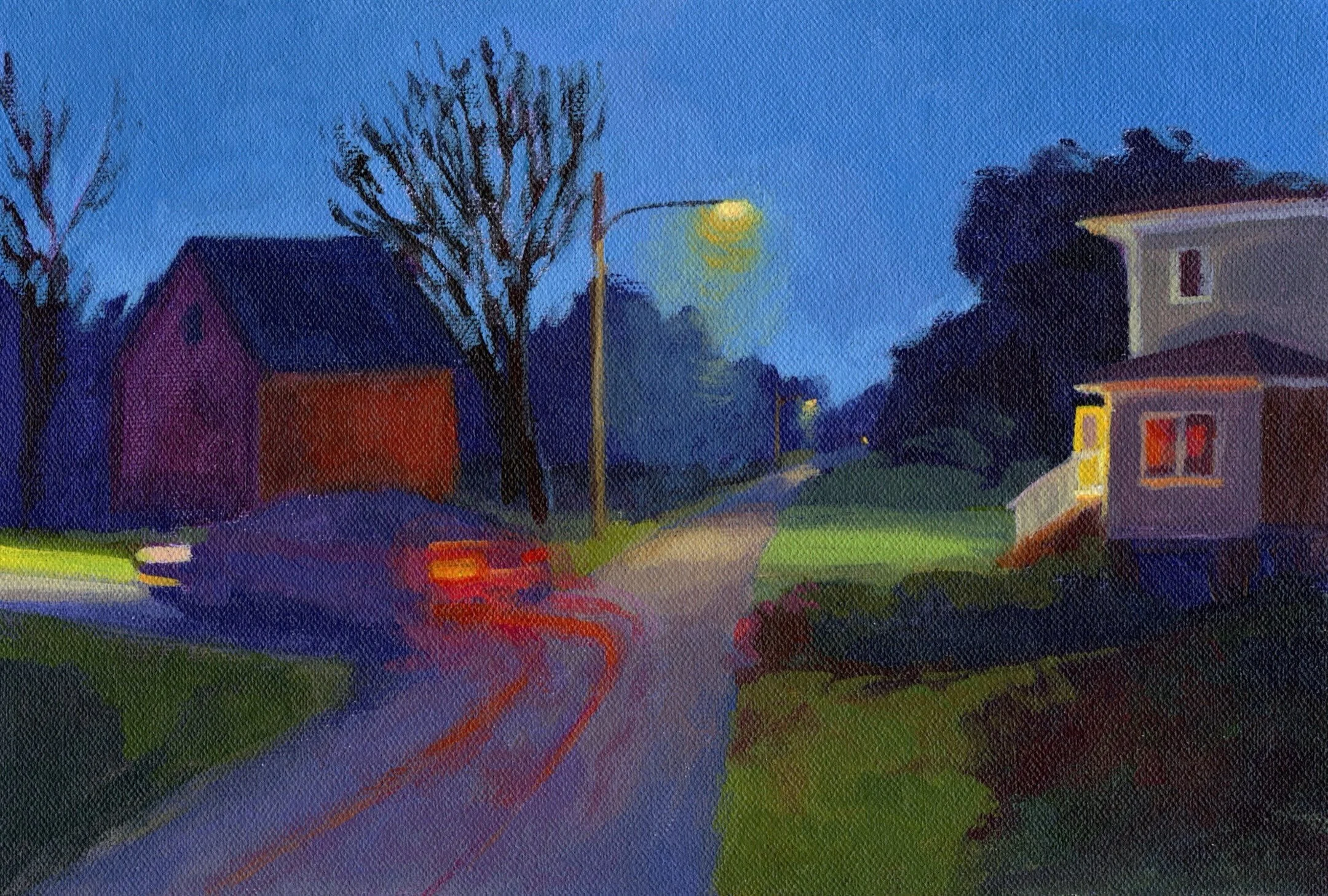 I read a book a little while ago, Giovanni&rsquo;s Gift by Bradford Morrow. In it, there were night visits where strange things occurred. 

This painted scene is composed of a house that is really in Annapolis Royal, a country road here in Broad Cove