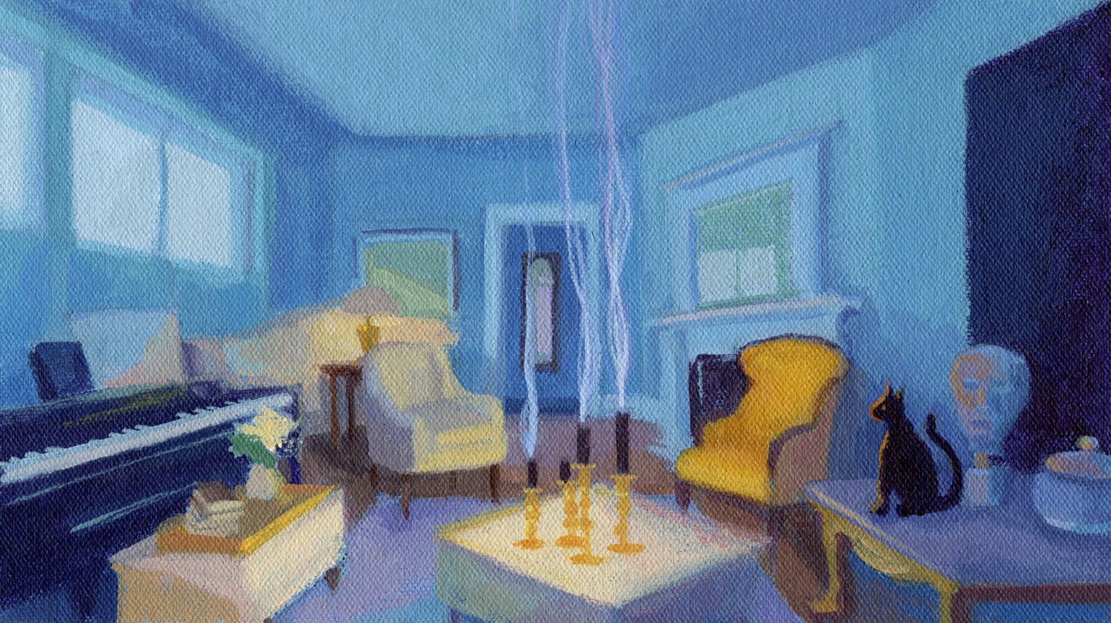 A glowing coffee table and smoking candles in a tastefully ornate interior. Strange happenings noticed only (so far) by the cat. I pictured the light being dusk or even nighttime with moon or streetlights diffusing the room in a blue glow. ✨

A study