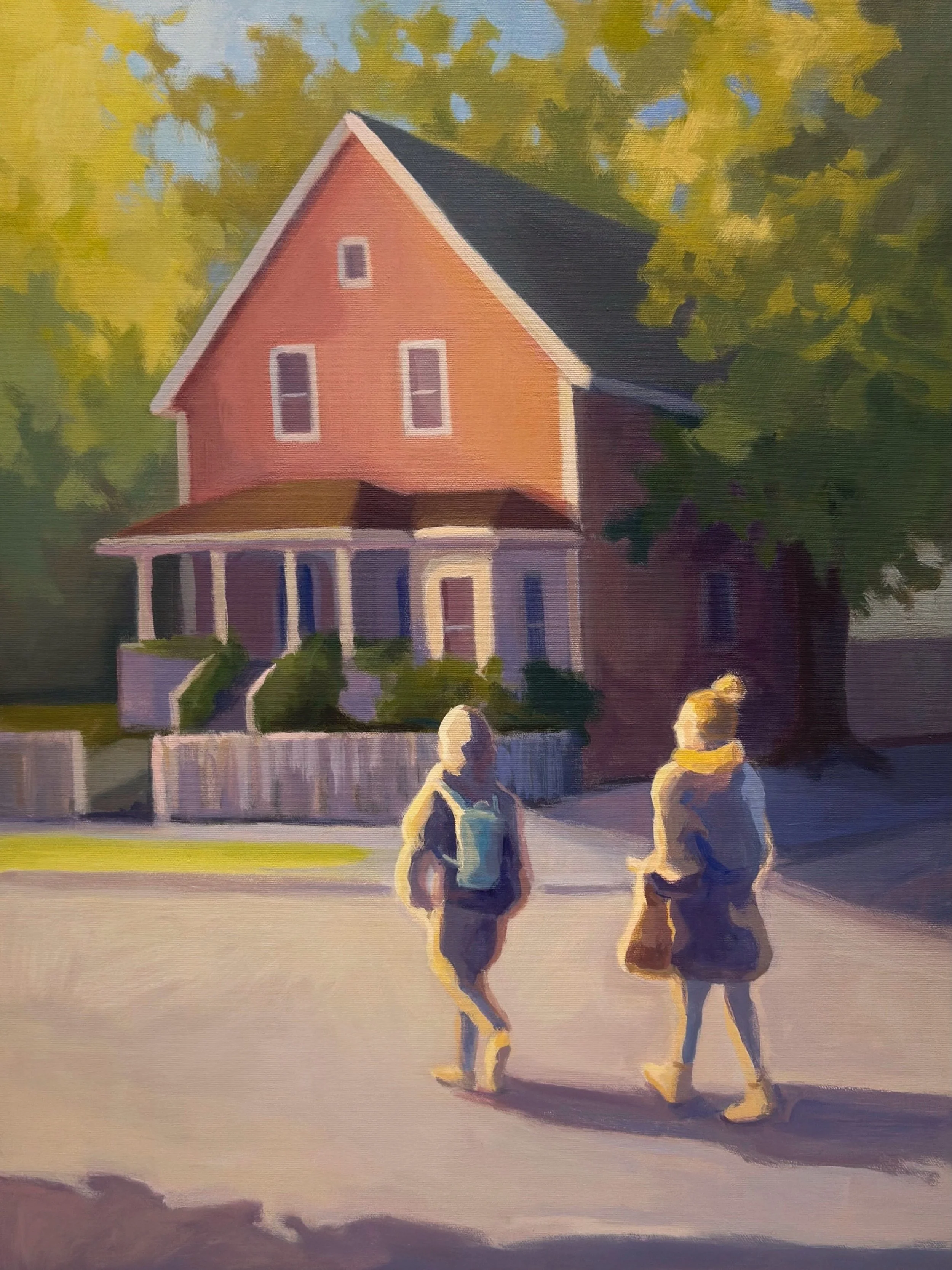 Late afternoon sunlight caught these two crossing the street in Halifax as they headed home at the end of the day. On display now at the LaHave Bakery Gallery.

Walking Together 
18&rdquo; x 24&rdquo;
