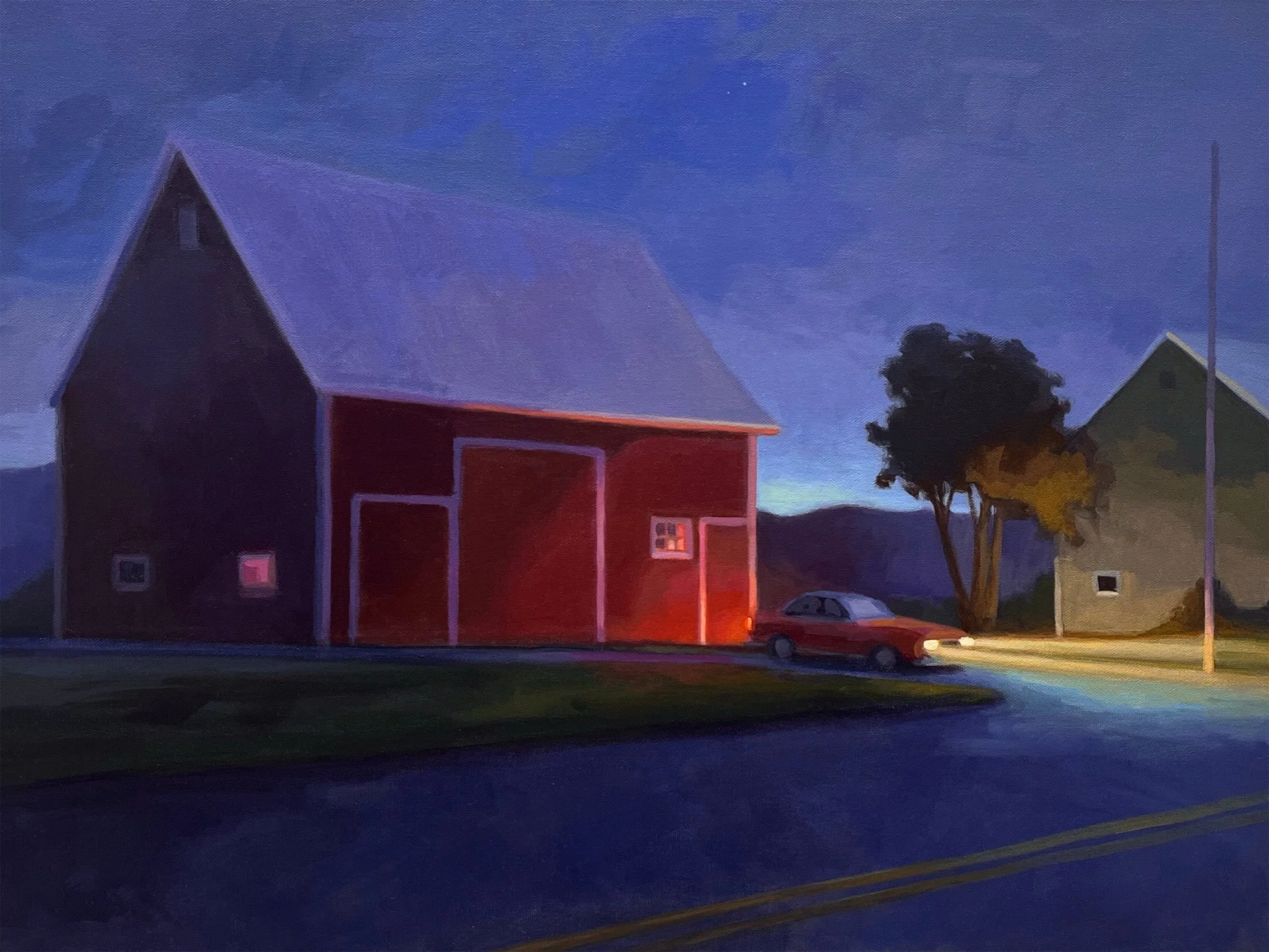 I pass this red convertible often on my way to and from town. I changed the scene to night, and loved the drama of the red tail lights on the red barn against the dusk sky.

Last Stop
Night Happenings Series
18&rdquo; x 24&rdquo;

🌙 Night Happenings