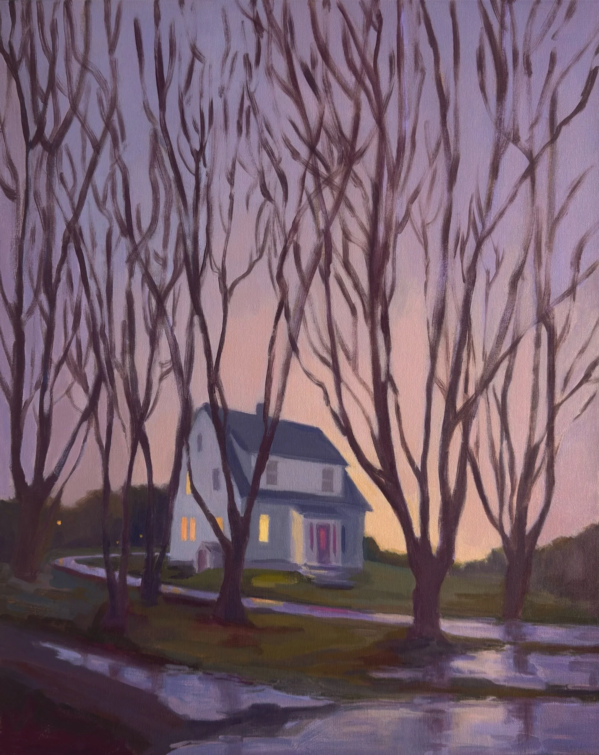 I love these huge trees along the road. The late day sky was clear and filled with a pink-tinge. Grow lights lit up the front doorway in mid-spring. I added the flood and subdued the lights to focus on the towering tree silhouettes. (Swipe to see thi
