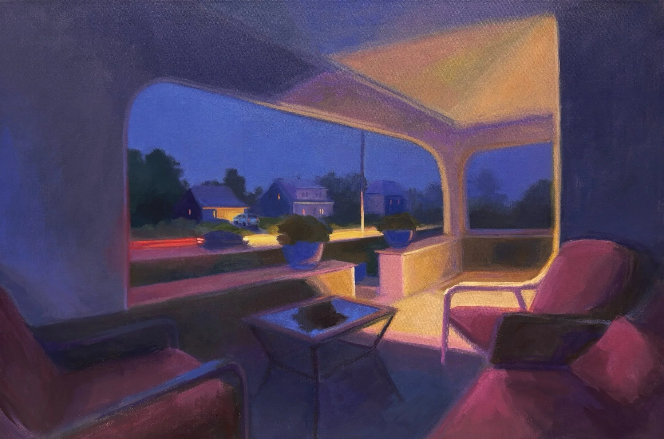 A quiet nighttime porch after those who live here have gone inside for the evening. A car zooms past. I love creating these immersive worlds that you can go into as you look at the paintings. 💙🌙

After Evening (Night Porch)
24&rdquo; x 36&rdquo;

?