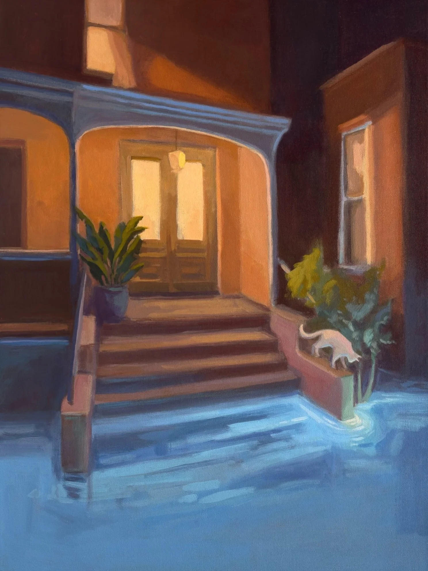 A flooded street in front of an old house, with no one aware except for this cat. 👀 A phosphorescent glow is visible in one spot, and causes the water to glow an unnatural turquoise blue, bouncing off nearby surfaces and illuminating the cat&rsquo;s