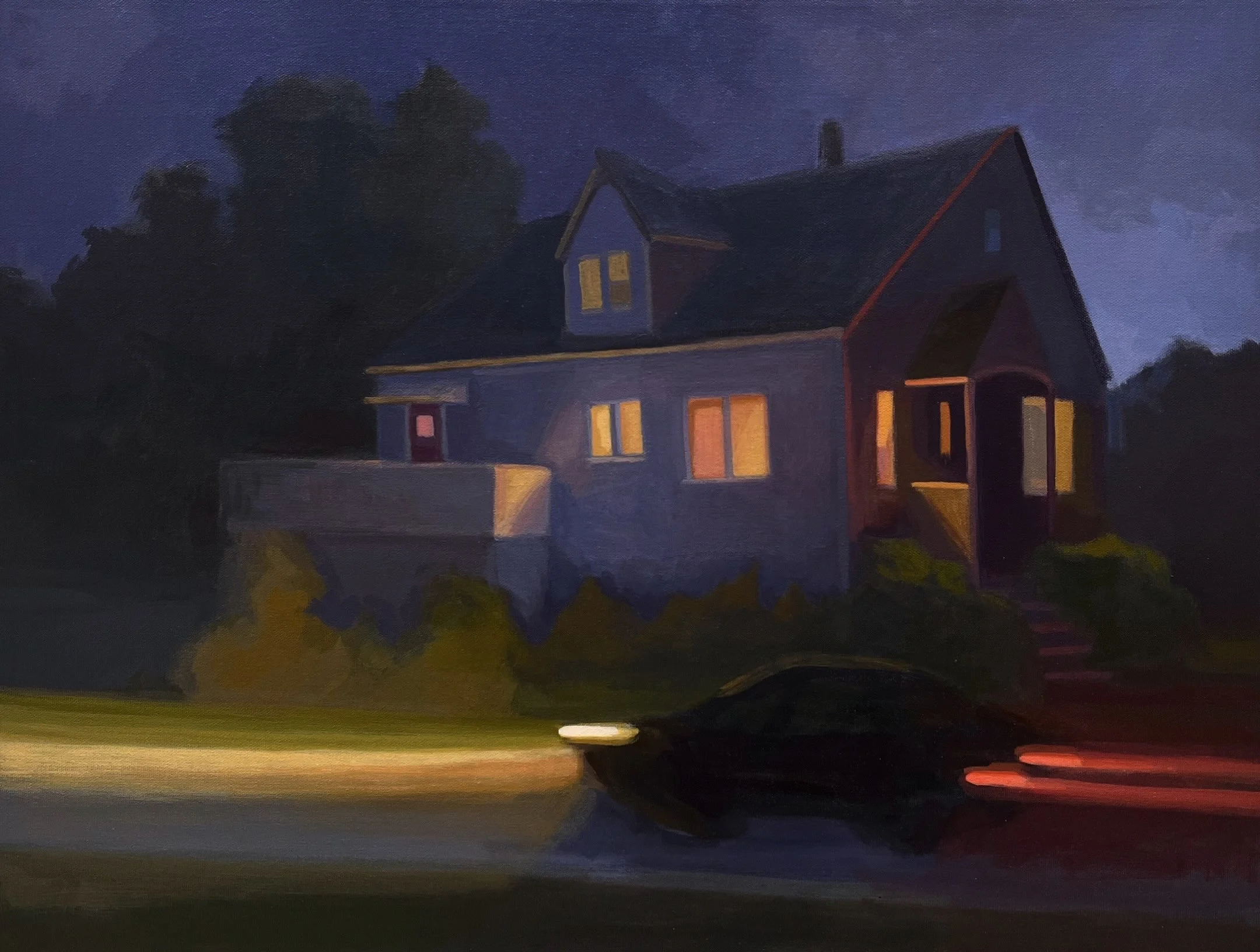 Many of my recent paintings feature zooming cars. I enjoyed the contrast between the stability and fixed quality of the house against the speeding blur of the car going by. This painting is part of my &ldquo;Night Happenings&rdquo; series, on display
