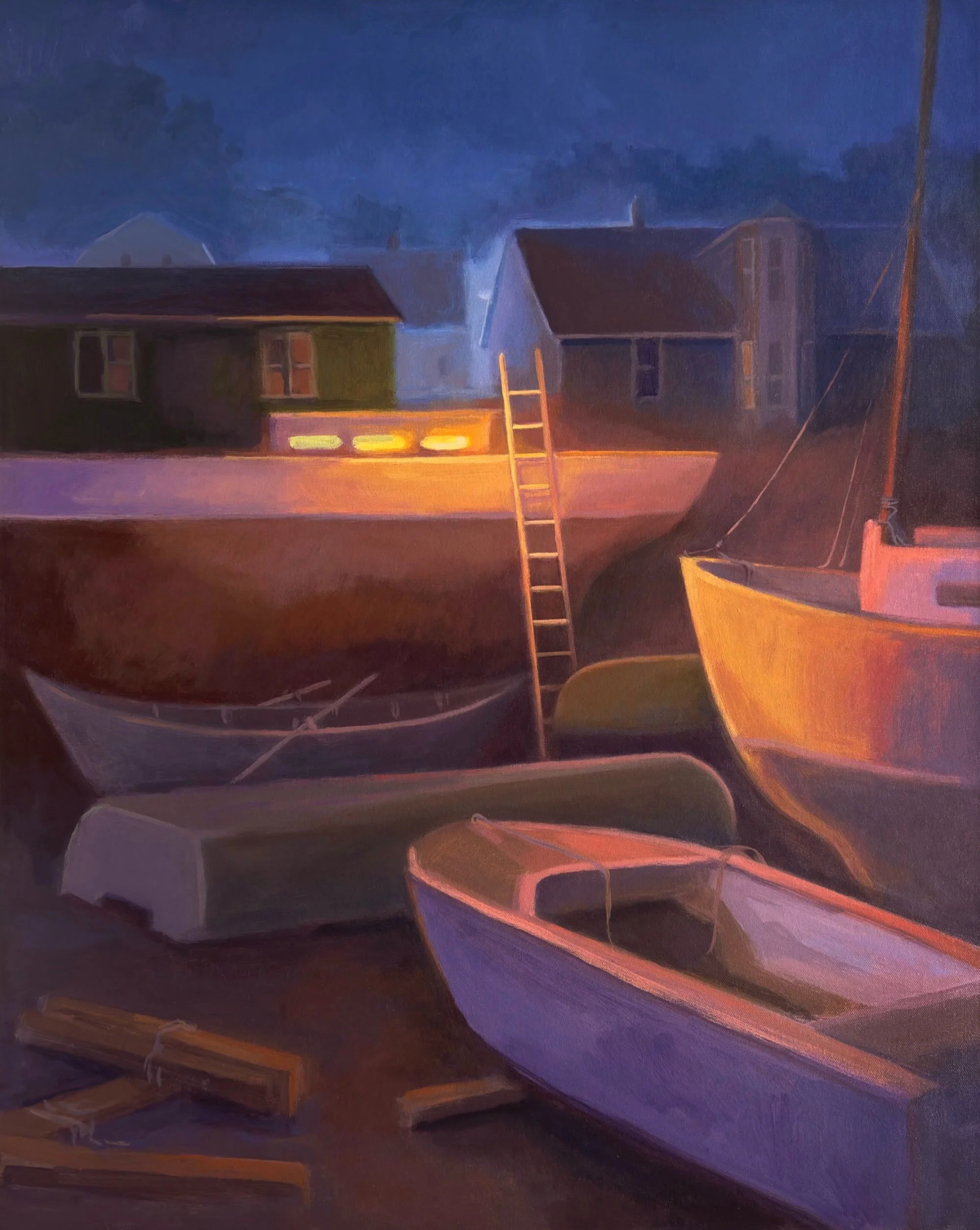 The Lunenburg dory shop boatyard &ndash; imagined, at night. A cool blue streetlight meanders through a fog in the background, and one boat has a night guest. This is a favourite of mine from my Night Happenings series &ndash; which I continue to add