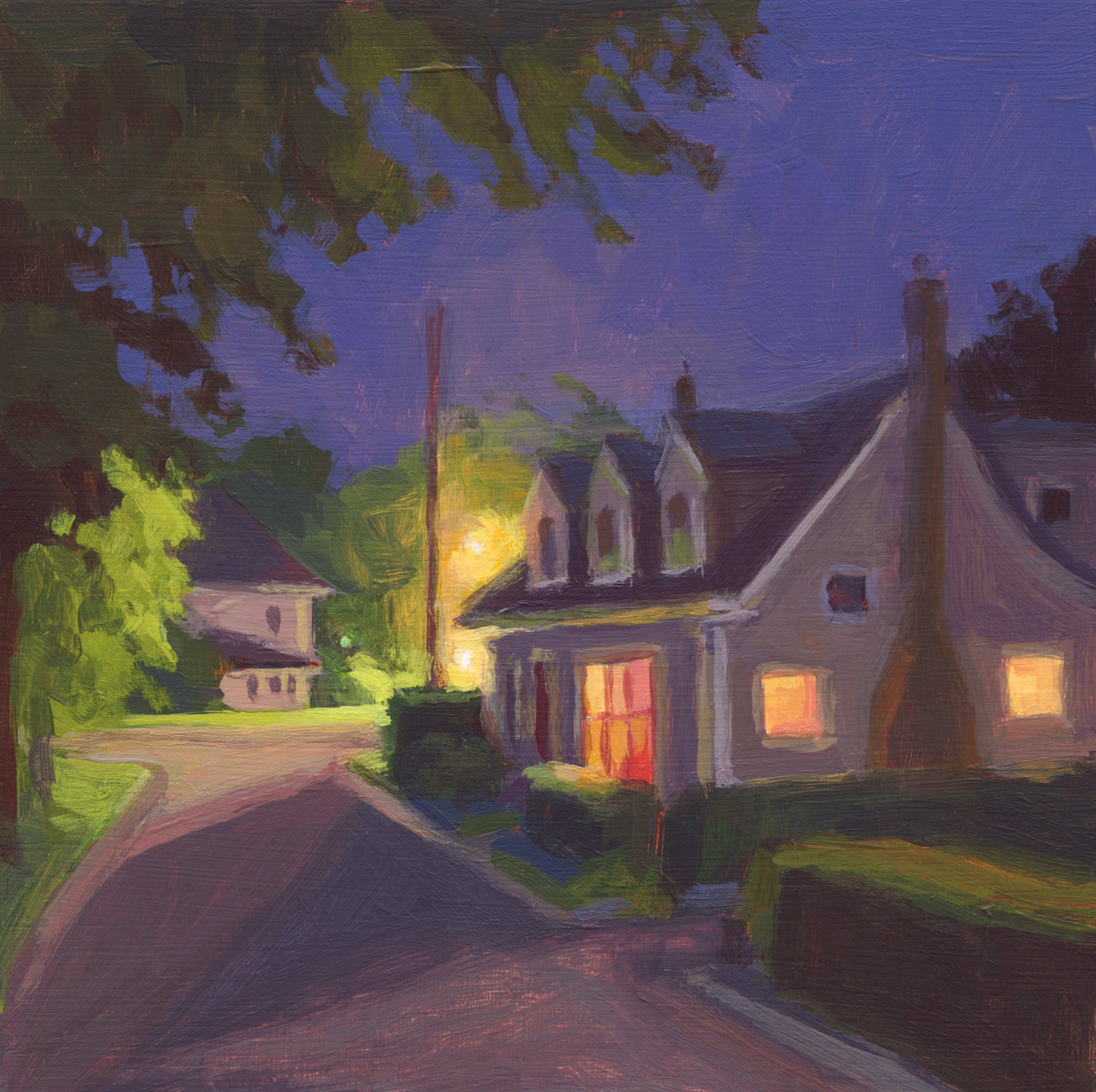 Quiet Nighttime Street, Liverpool. Miniature. Acrylic on panel.