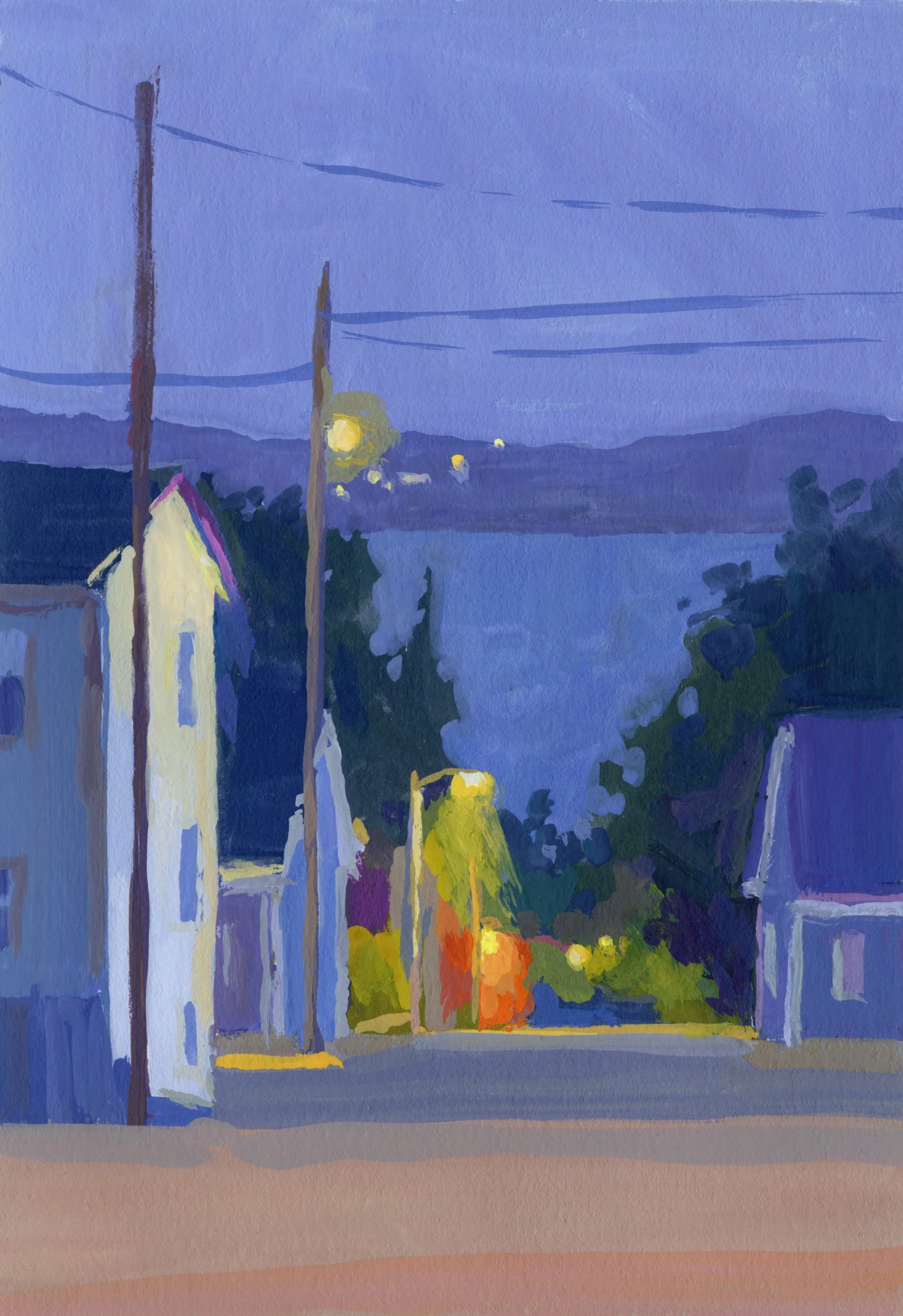 Nightfall in Lunenburg. Gouache on paper.