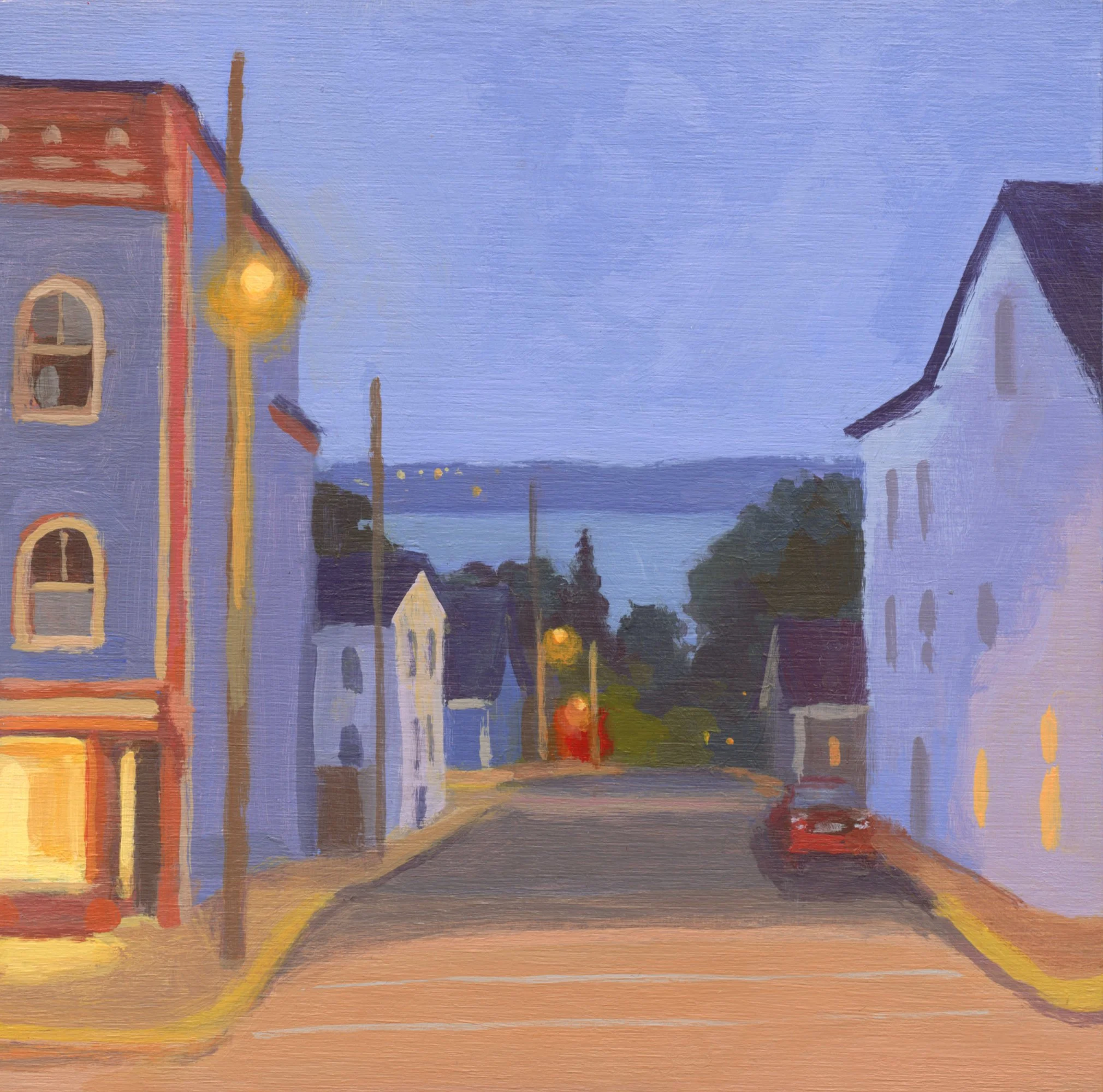 After the Shops Close, Lunenburg. Miniature. Acrylic on panel.