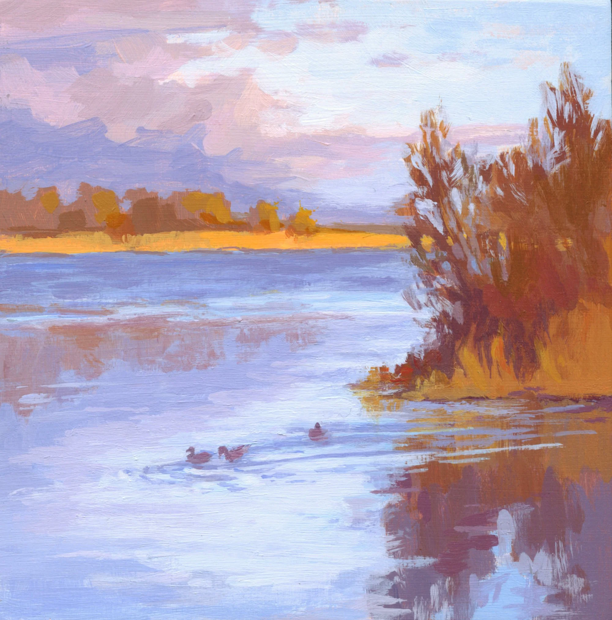 Calm River Swimmers, Annapolis Royal. Miniature. Acrylic on panel.