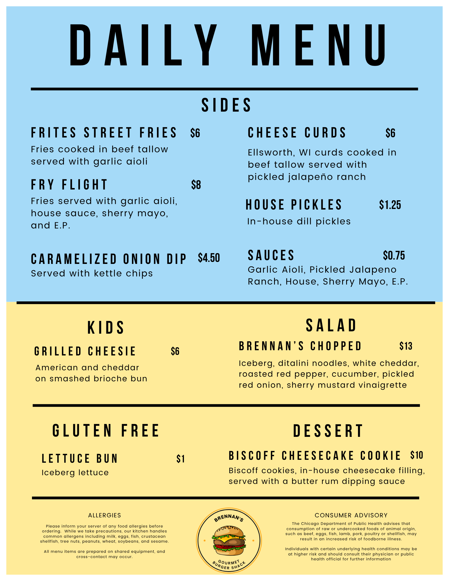A colorful restaurant menu with sections for daily specials, kids, salad, gluten-free, dessert, allergies, and consumer advisory, featuring items like fries, cheese curds, fried flight, caramelized onion dip, grilled cheeseburger, Brennans chopped salad, and biscoff cheesecake cookie.