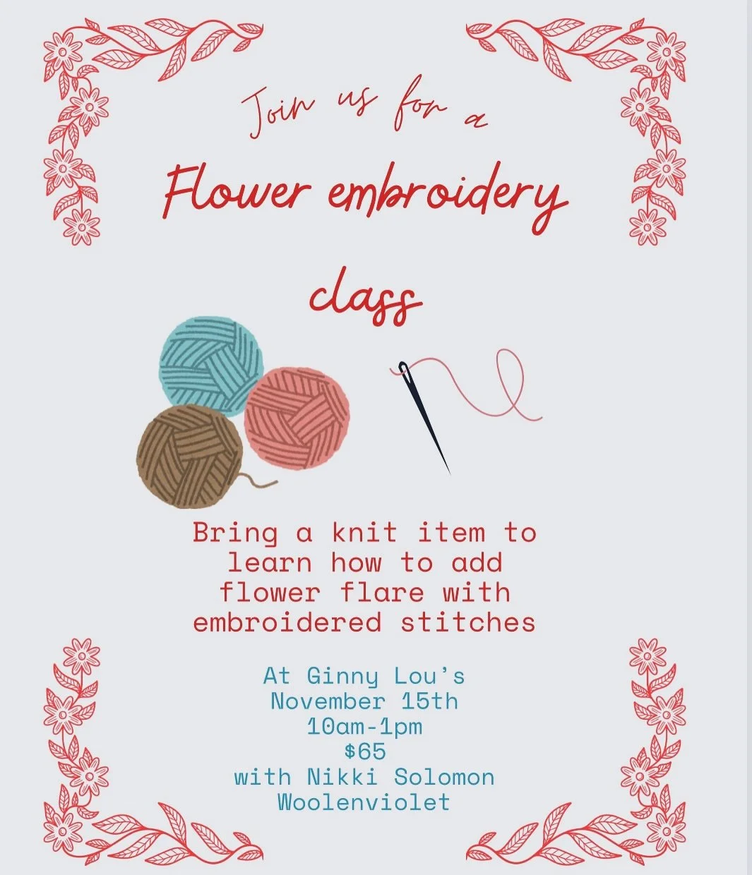 Hello local friends. I am teaching a knit embroidery class at @ginny.lous Saturday November 15th. Bring a knit item and learn to embroider with flowers to adorn. Such a fun way to brighten up an old handmade or bought knitted item.🧶🌸

(In the photo