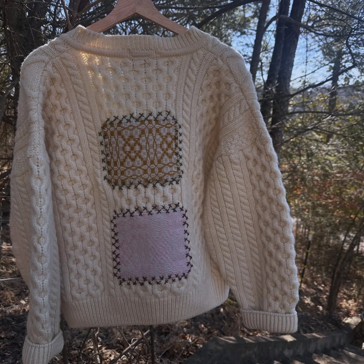 Added a few sweaters to my online shop! These have been such a joy to create. Combining my love for textiles, wool and salvaging clothes. Beautiful vintage, Irish cabled sweaters, combined with a little weaving woven on my loom. Hand embroidered to t