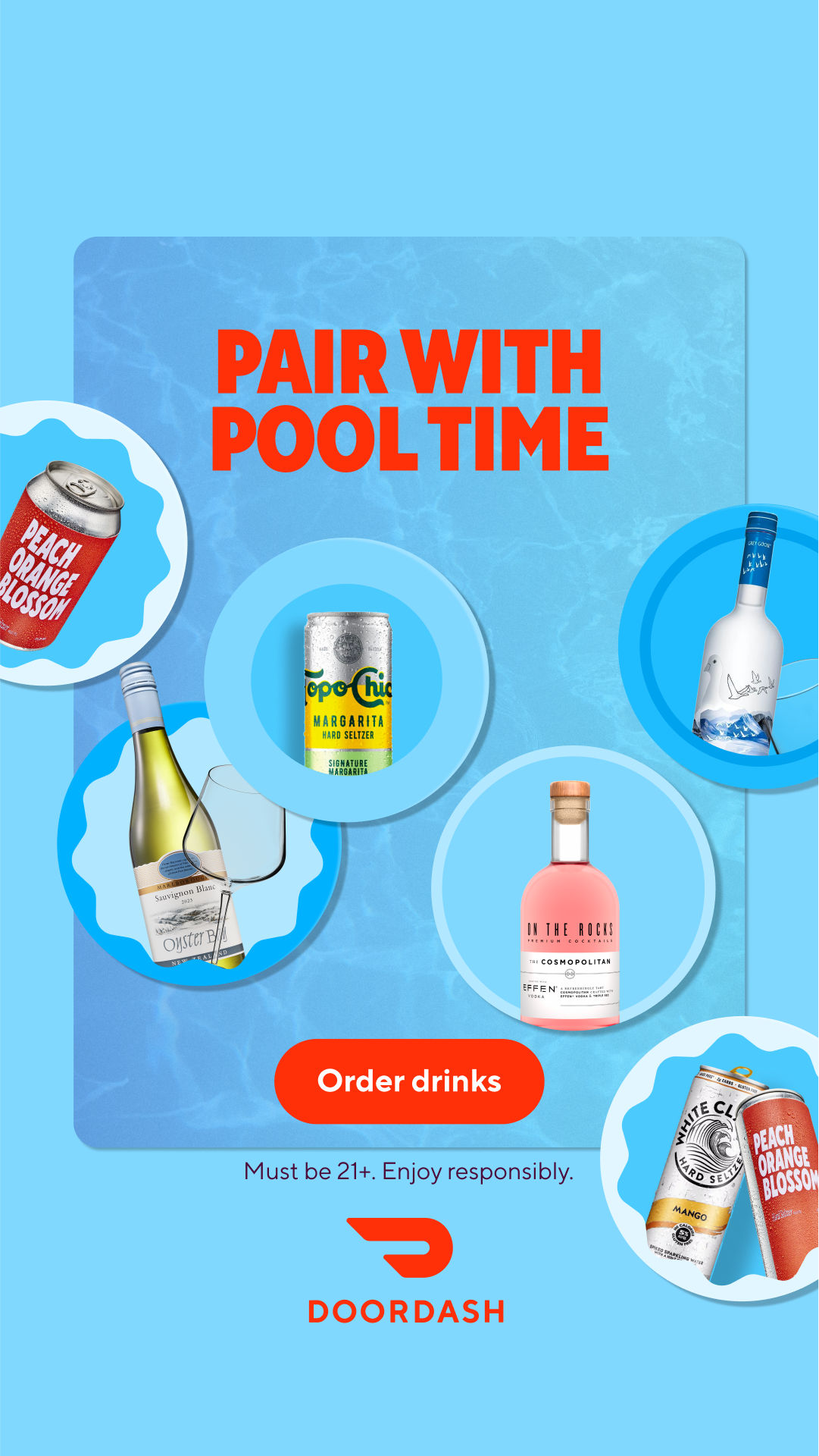 POOLSIDE DRINKS, DELIVERED// Top off drinks without towelling off. Get wine, beer, and cocktails delivered to the pool. Must be 21+. Enjoy responsibly.