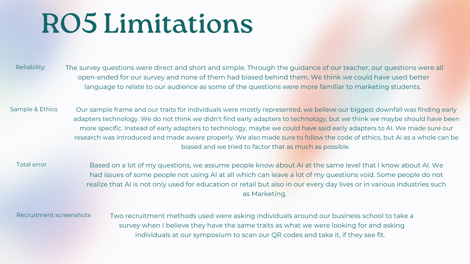 Image titled 'RO5 Limitations' with sections on reliability, sample & ethics, total error, and recruitment screenshots. Each section discusses the limitations of a survey, mentioning issues like biased questions, sample representation, assumptions ab