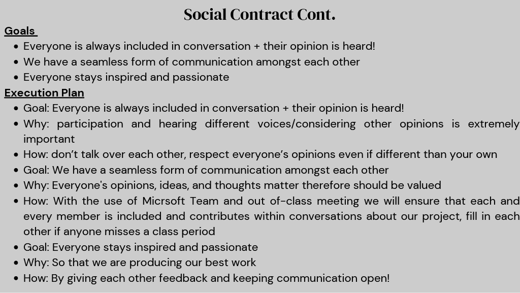 A document titled 'Social Contract Cont.' outlines group communication goals and execution plans. Goals include: everyone is included in conversations, communication is seamless, and everyone stays inspired. The execution plan details goals, reasons,
