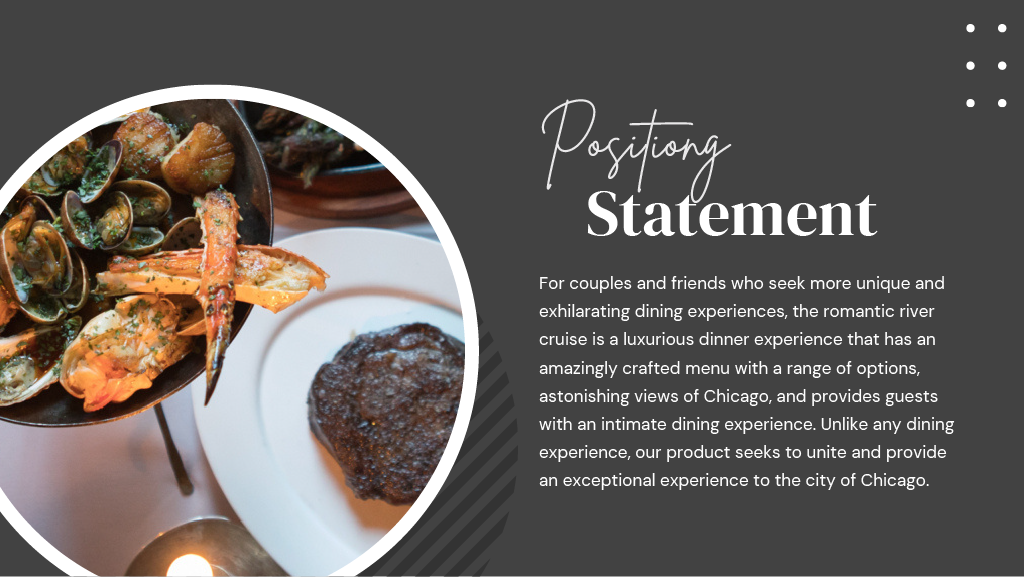 Seafood platter and steak with text about river cruise dining experience in Chicago.