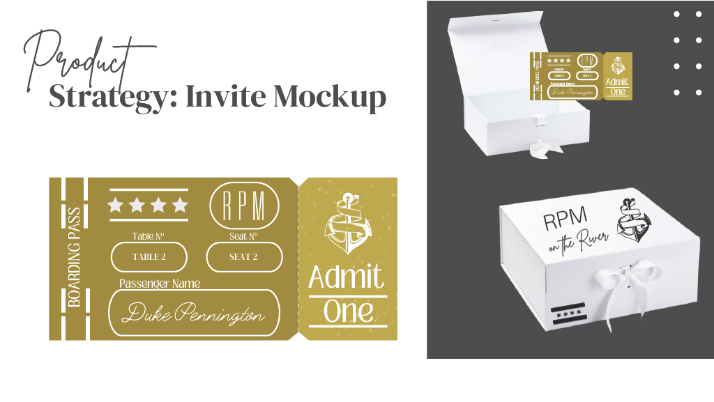 Mockup of a product strategy invite, featuring a boarding pass design with a gold admit one ticket. The ticket includes passenger name, table, and seat information. Beside it, there's a white gift box with a ribbon, labeled 'RPM on the River' with a