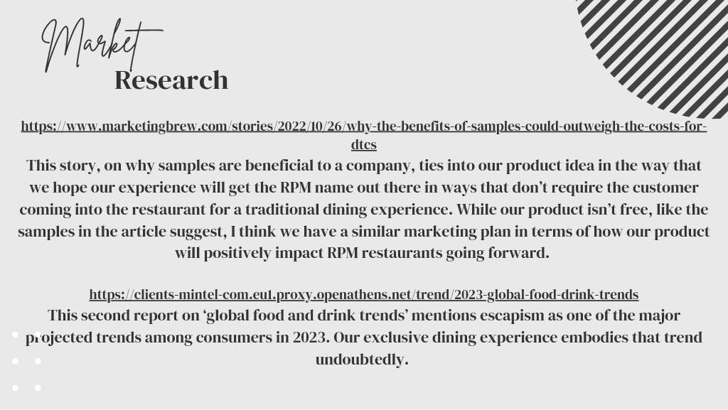 "Market Research" document with text expounding on the benefits of samples for companies and a report on global food and drink trends, highlighting themes of escapism. Includes two links: one from Marketing Brew and another from Mintel.
