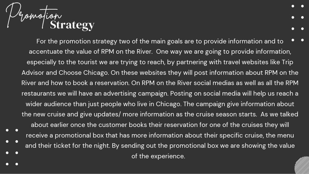 Promotional strategy text for RPM on the River, detailing goals to provide information and highlight value. Plans include partnerships with travel websites like Trip Advisor and Choose Chicago, advertising on social media, and offering promotional bo
