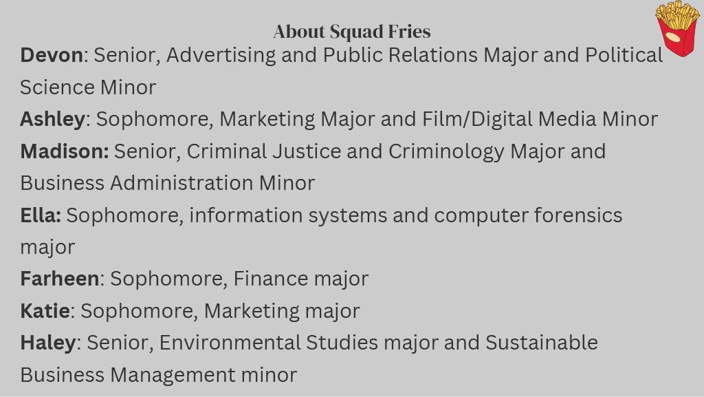 List titled "About Squad Fries" with names and academic details: Devon, Ashley, Madison, Ella, Farheen, Katie, and Haley, including majors and minors, alongside a small icon of fries.