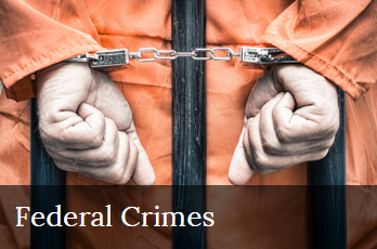 A person wearing an orange jumpsuit behind bars and chained at the wrists, with the caption 'Federal Crimes' at the bottom.