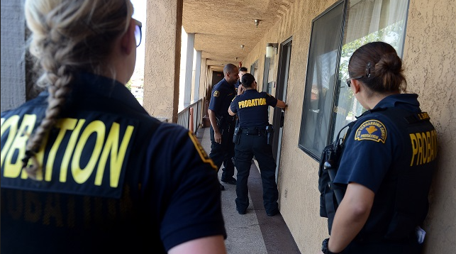 Group of probation officers conducting a routine check outside an apartment building.