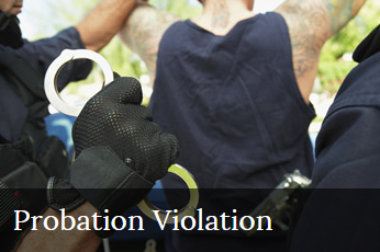 Close-up of a police officer holding handcuffs behind a person with tattoos, with a caption that reads "Probation Violation."
