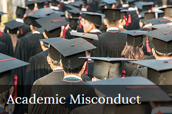 A large group of graduates in black caps and gowns at a graduation ceremony, viewed from behind with a caption reading 'Academic Misconduct'.