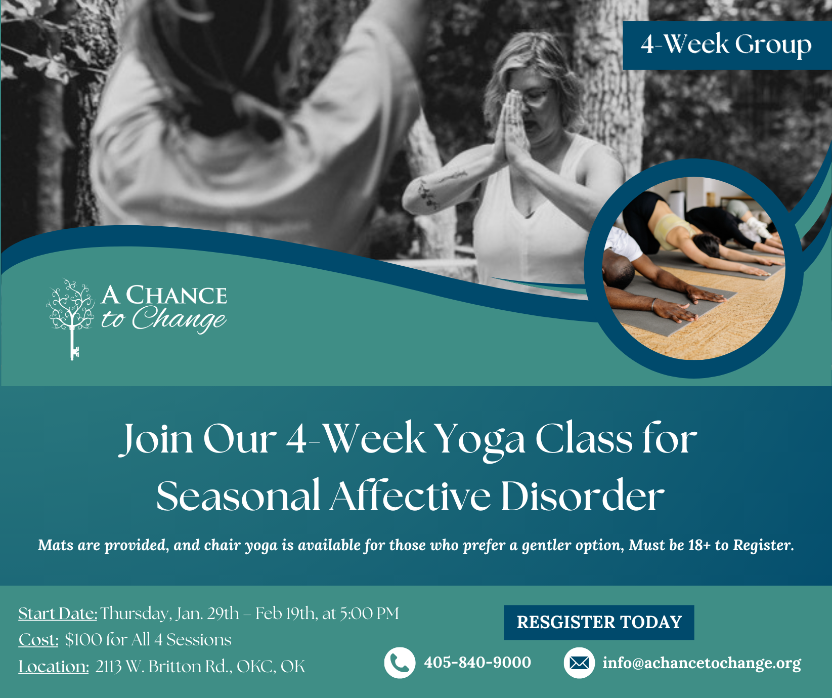 A flyer for a 4-week yoga class on seasonal affective disorder, showing a woman practicing yoga outdoors and a group doing yoga inside, with details about start date, cost, location, and contact information.