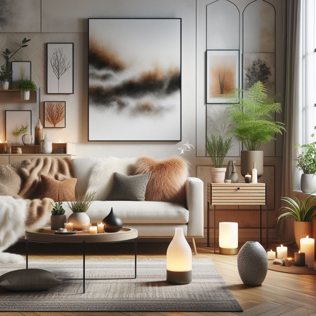 Cozy living room with a modern design, featuring a white sofa adorned with plush pillows and blankets. A round wooden coffee table is decorated with candles and vases. Large abstract artwork and framed prints adorn the walls. Plants are placed around