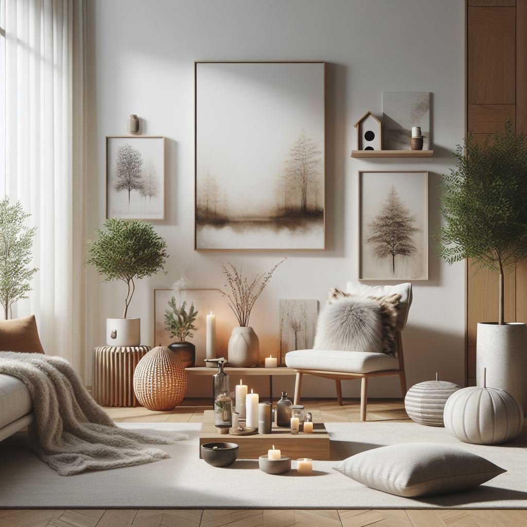 Relaxing living room with neutral decor, featuring multiple candles on a table, framed tree artwork on walls, various plants, cozy armchair with a furry pillow, and soft lighting near a large window.