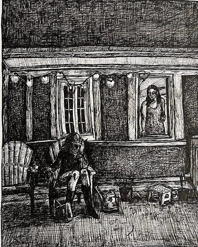 Anna's Balcony, Pen and Ink