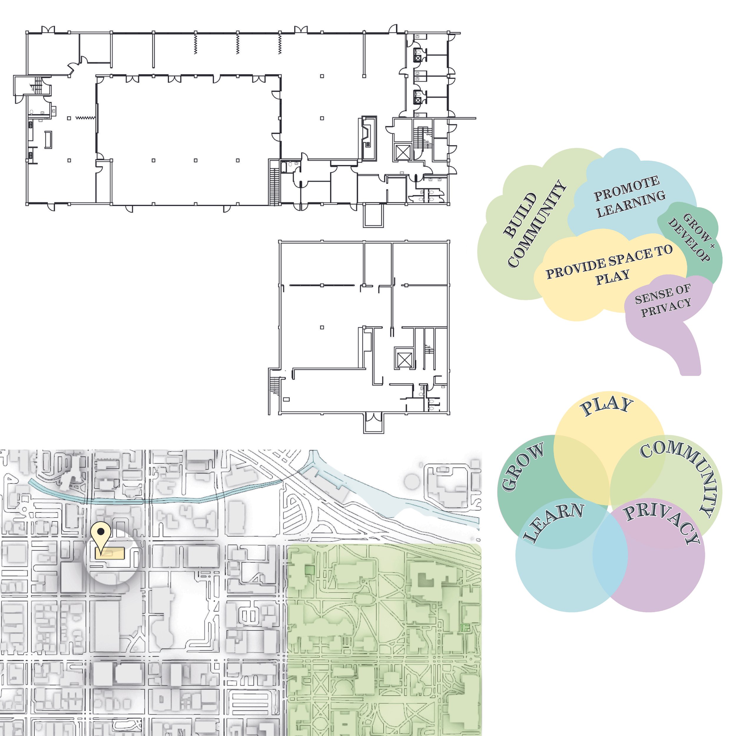 EXISTING SITE - FLOOR PLANS, CONCEPT DIAGRAMS, & A ZOOMED-IN SITE ANALYSIS OVERVIEW