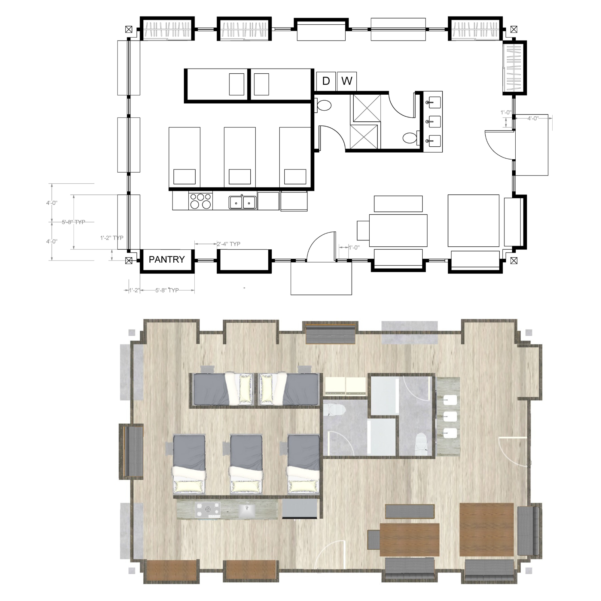 DESIGN PROPOSAL - LINE DRAWING & RENDERED FLOOR PLANS